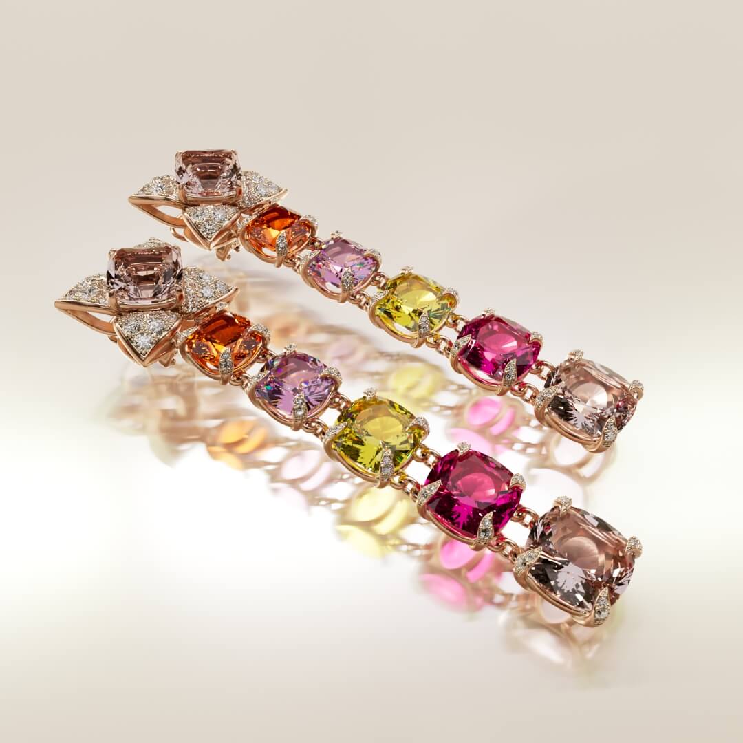 Earrings with Diamonds, Mandarin Garnets & Tourmalines